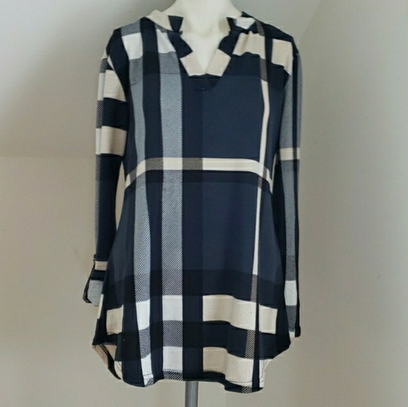 Lildy Button Sleeve Tunic Plaid Blue and Cream, Size  S-M - Picture 2 of 16